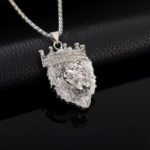 Y2K Silver Iced Out Lion Pendant Crown Stainless Steel Brand New NO CHAIN